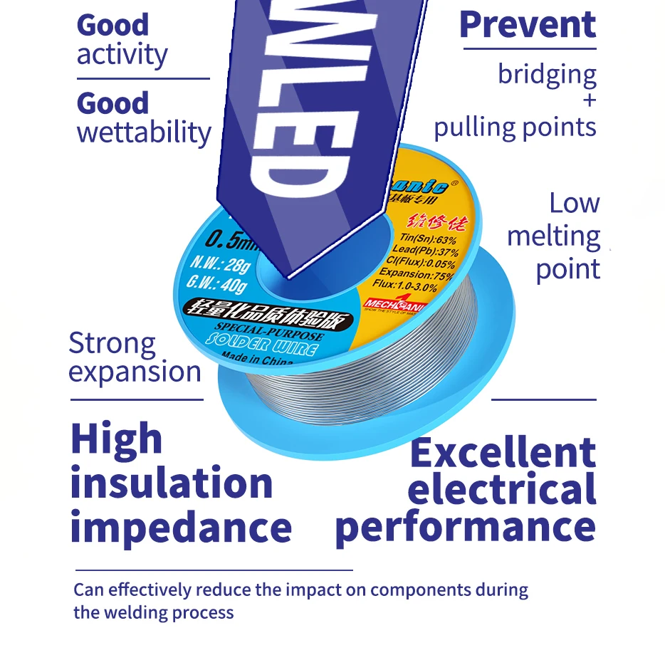 لـ TY-V866 40 جرام صنبور خفيف 270 ℃   نقطة انصهار 0.2-0.8 مللي متر سلك لحام بيئي عالي النقاء كابل حديد تدفق