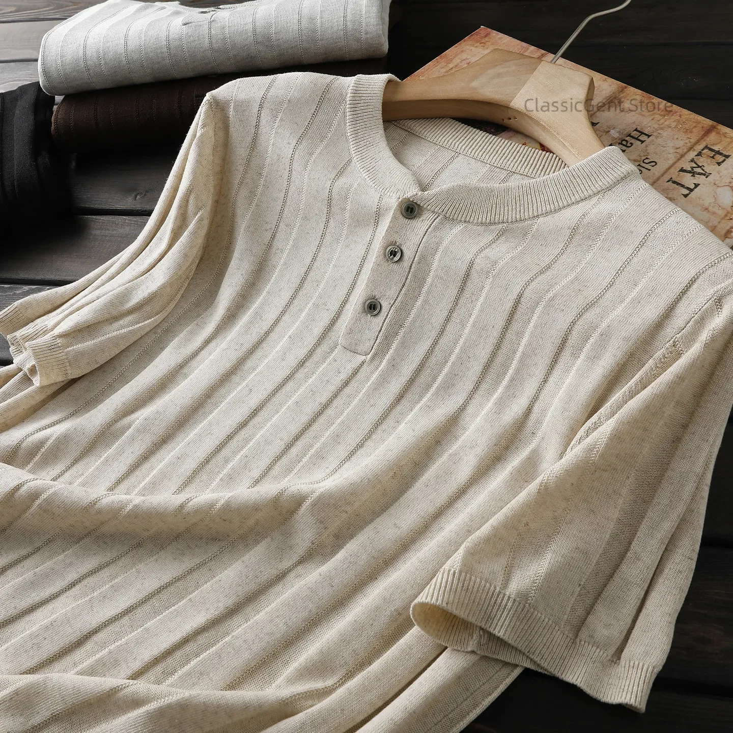 French Tough Guy Men's Linen Refreshing and Breathable Summer Neck Knitted Short Sleeve T-Shirt