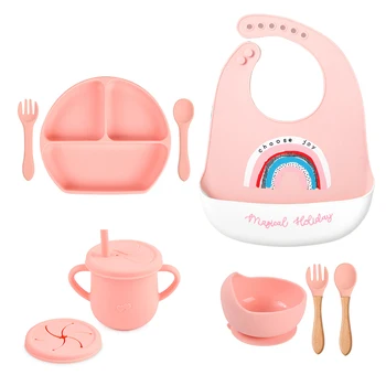 4/6/8pcs baby soft silicone plate set food grade non-slip dinner plate cup spoon fork set BPA free kids feeding dinnerware