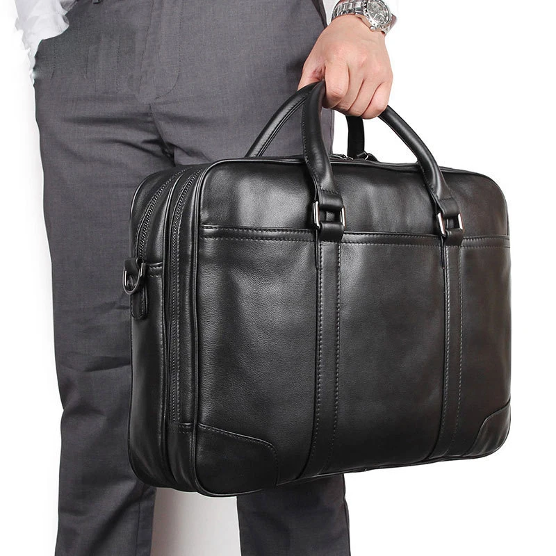 Luxury Genuine Leather Briefcase Men Large Double Zipper Leather Laptop Bags For Men Business Handbag Male Office Shoulder Bag