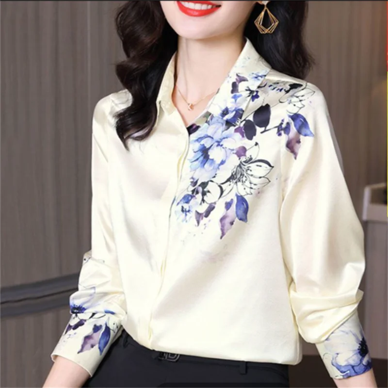

Silk Shirt Women's Top OL Blouse Satin Print Blouses For Women Cardigan Buttons Laple Long Sleeve Woman Clothing Shirts