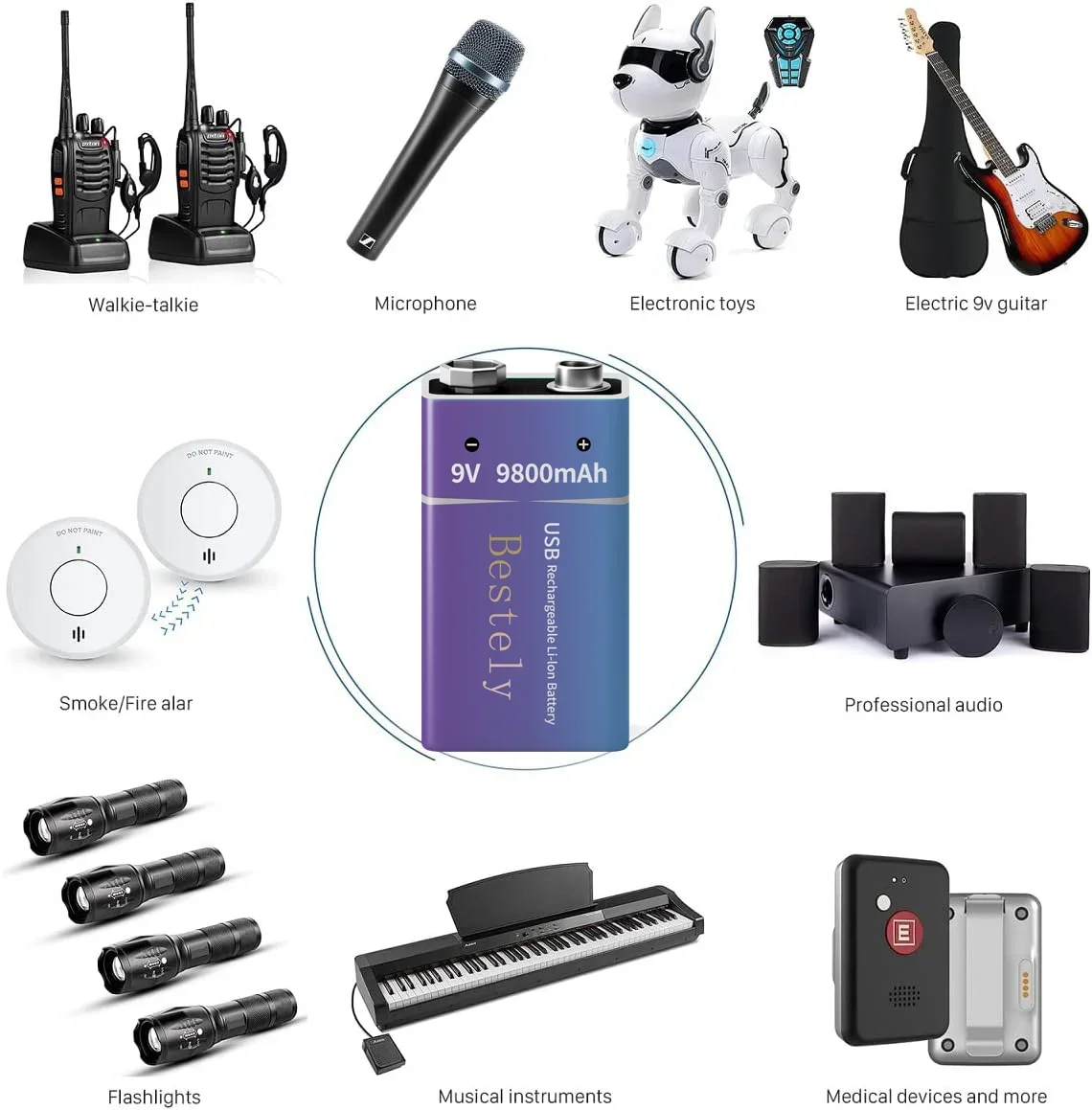 Stable 9V-9800mAh Battery USB-C Charging Rechargeable Lithium Long lasting Batteries for Multimeter/Microphone Smoke Detector