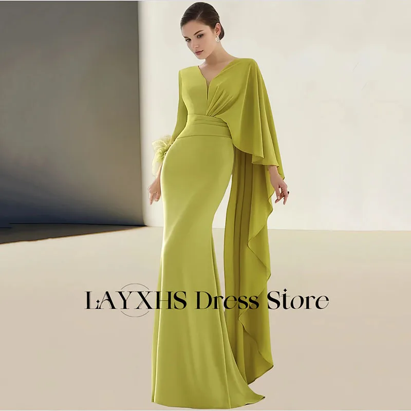 

LAYXHS Элегантное платье для матери невесты с v-образным вырезом и длинными рукавами с перьями и шалью русалки Вечерние платья по индивидуальному заказу فساتين سهرة