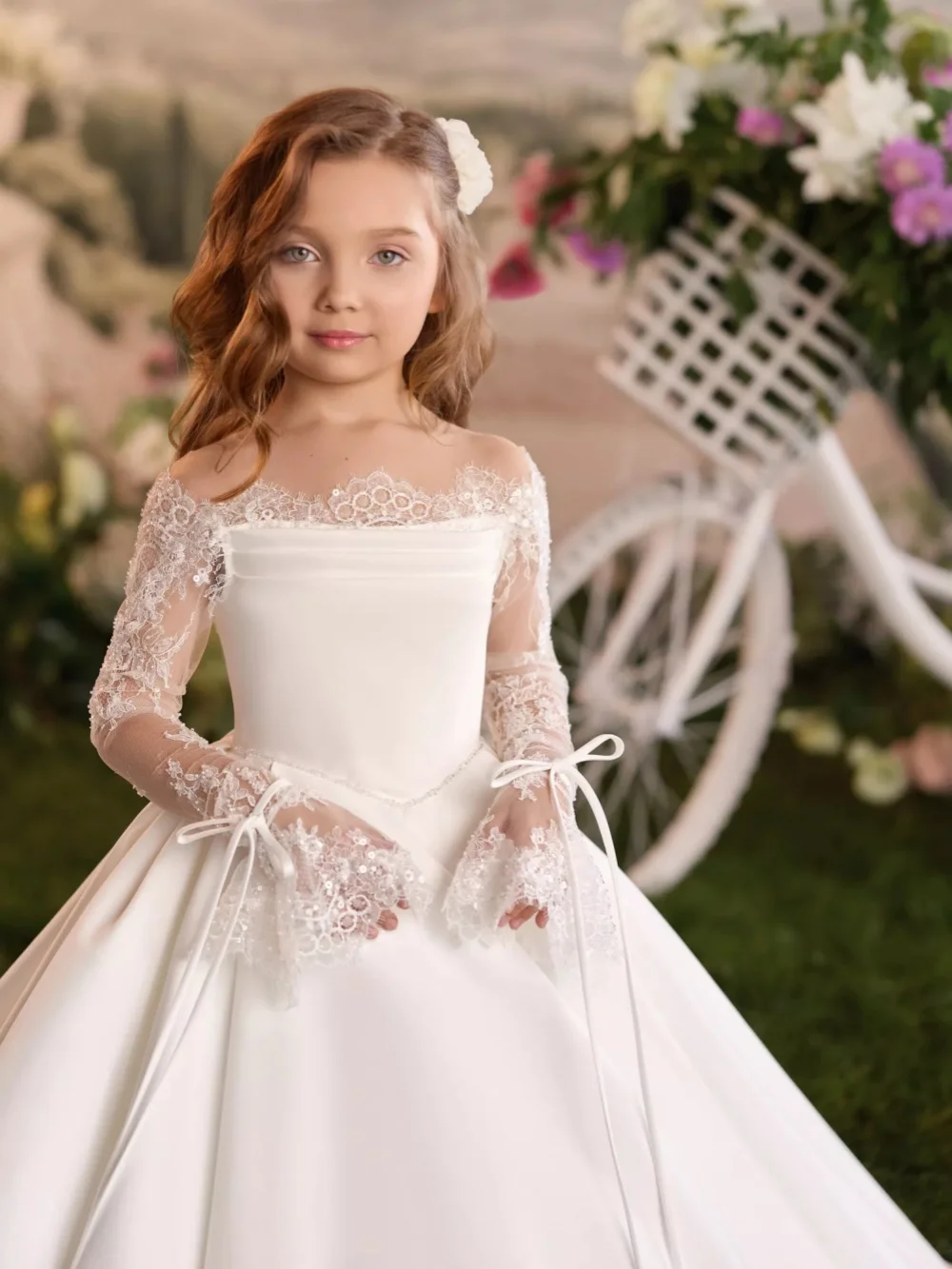 White Elegant Bow Kids Princess Gown Piano Performance Wear Shinny Lace Off Shoulder Girls Dresses For Birthday Party 3-14Y