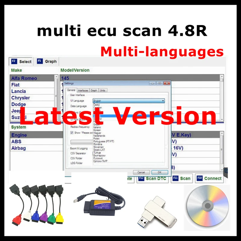 2024 New Multiecuscan V4.8 For Fiat/Chrysler/Dodge/Jeep/Suzuki Scanner Software 4.8+ ELM327+Flat adapter Registered Unlimite