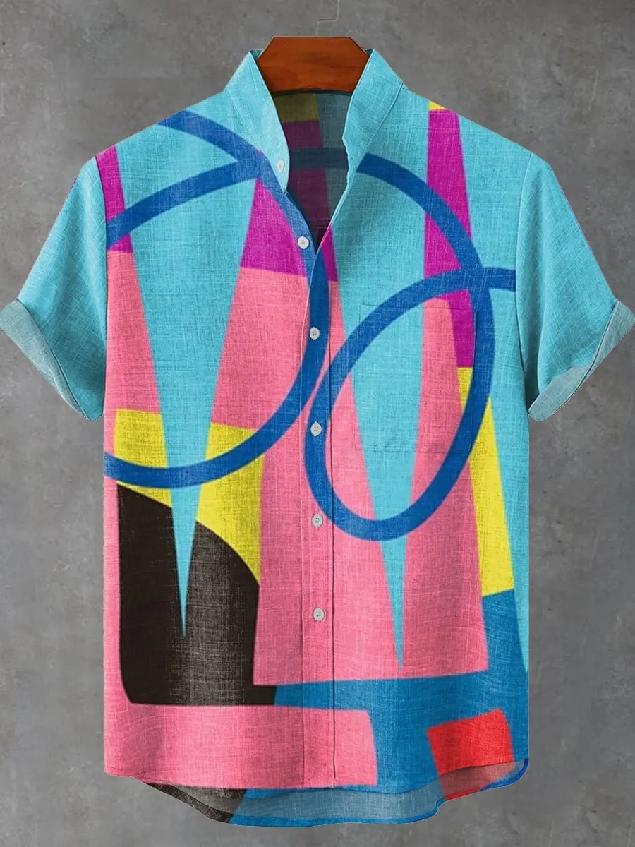 Chemise à manches courtes en lin pour hommes, décontractée, mode graffiti, style hip-hop, haut à boutons de haute qualité, été