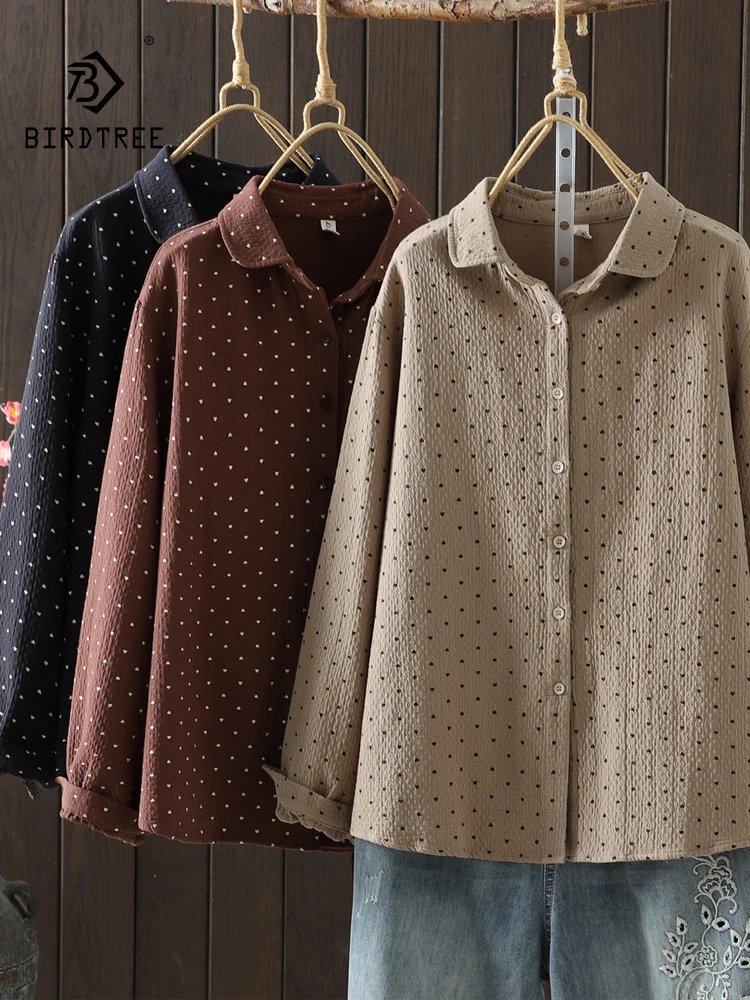 جديد 2025 الخريف قميص قطني بكم طويل ، المرأة بدوره إلى أسفل طوق طباعة ، موري فتاة موضة عادية رشاقته بلوزة فضفاضة T59651CC #1