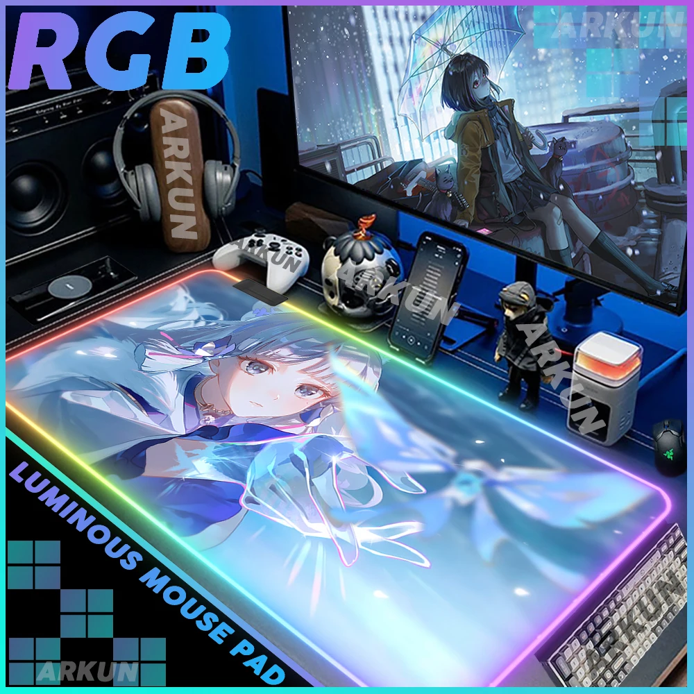 

Big RGB Kawaii Pretty Hot Kamisato Ayaka Fashion Genshin Impact Gaming Mouse Pad Backlight Keyboard Computer XXL LED Table Mat