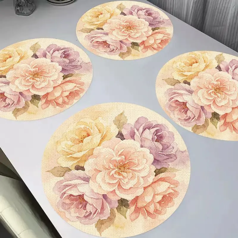 Pastel Pink Purple Peony Watercolor Soft Floral Round Placemats Heat Resistant Washable Non Slip Boho Cottage Dining Decor