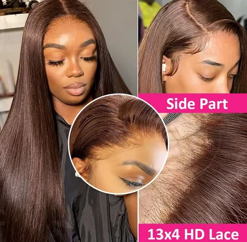 13x4 Straight Chocolate Brown Lace Front Human Hair Wigs 100% Woman Pre Plucked Honey Brown HD Transparent Lace Frontal Wig