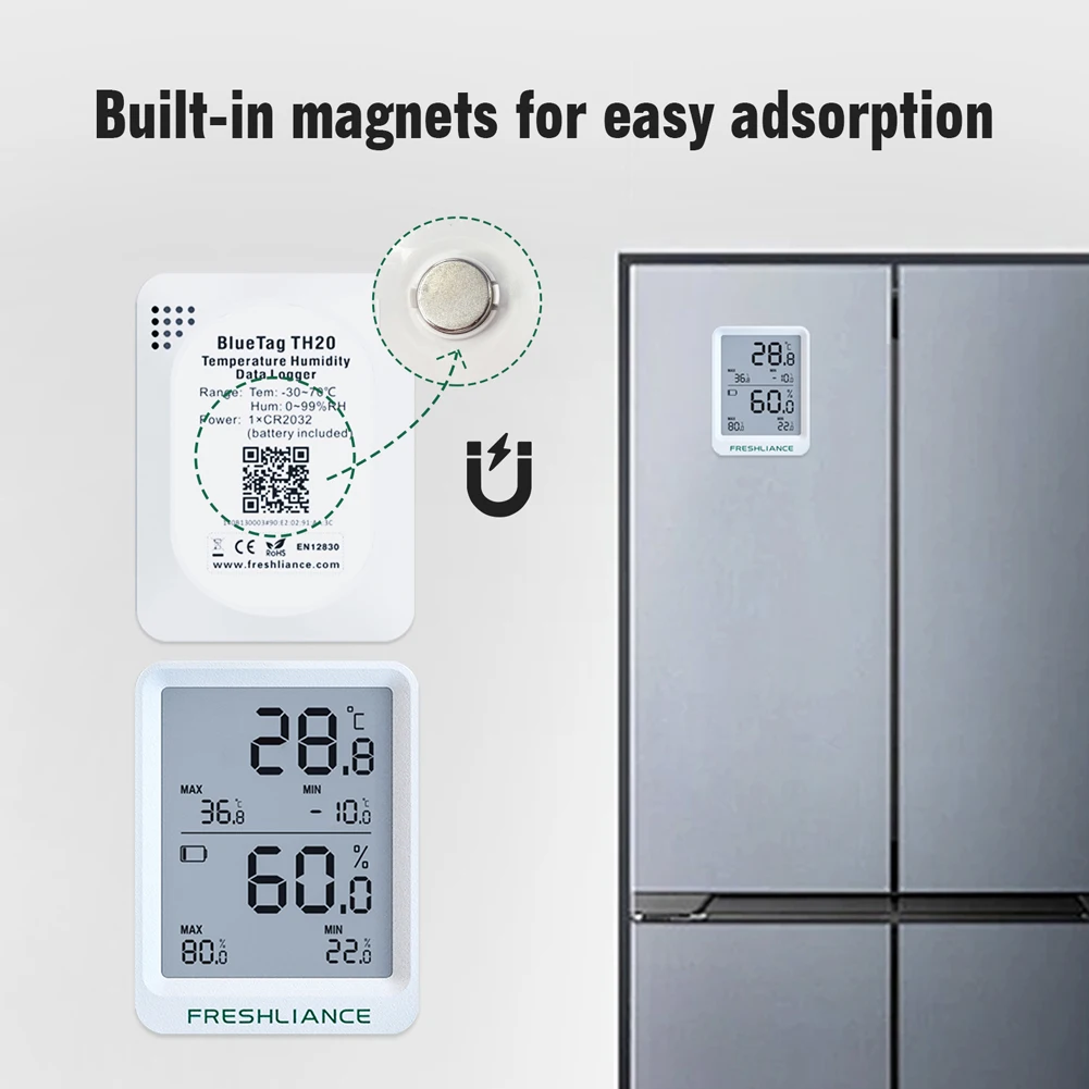 BT Temperature Humidity Recorder Fruit Storage Temperature Logger APP Control Large Capacity Data Storage with Export PDF/CSV