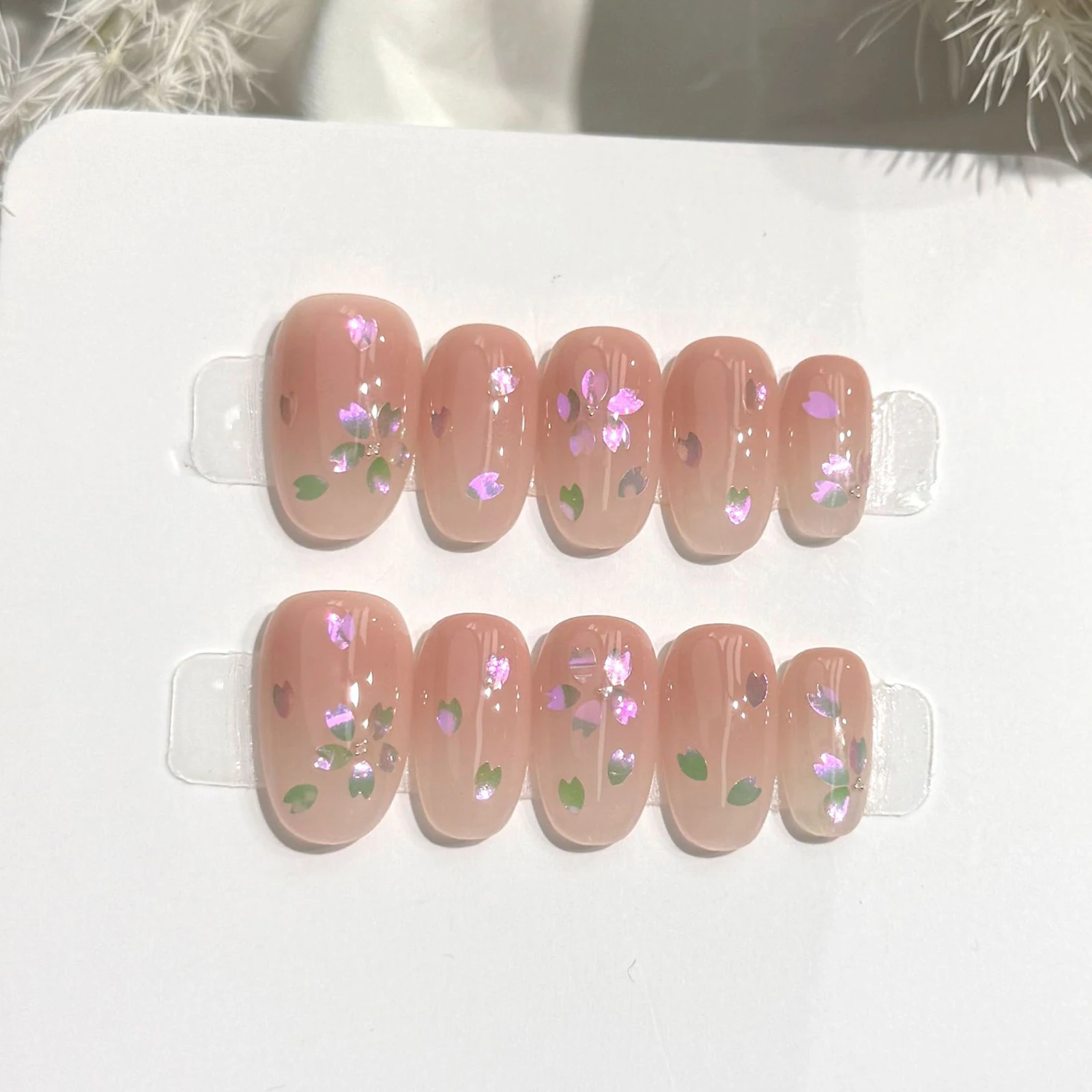 10pcs Handmade Press On Nails Hand-painted Aurora Sakura Flower False Nails Ice Transparent Nude Pink Short Oval Fake Nail