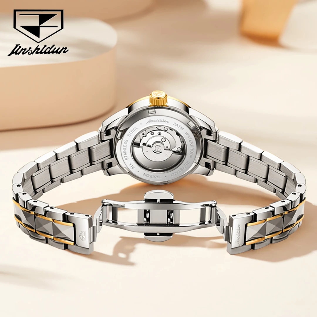 JSDUN 8975 Mechanical Fashion Watch Gift Stainless Steel Watchband Round-dial Wristwatch Week Display Calendar