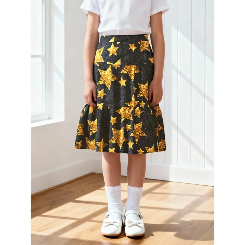 

2026 Girls Gold Star Print Midi Skirt - Black Ruffled Hem A-Line, Trendy for Kids' Casual & Party Wear