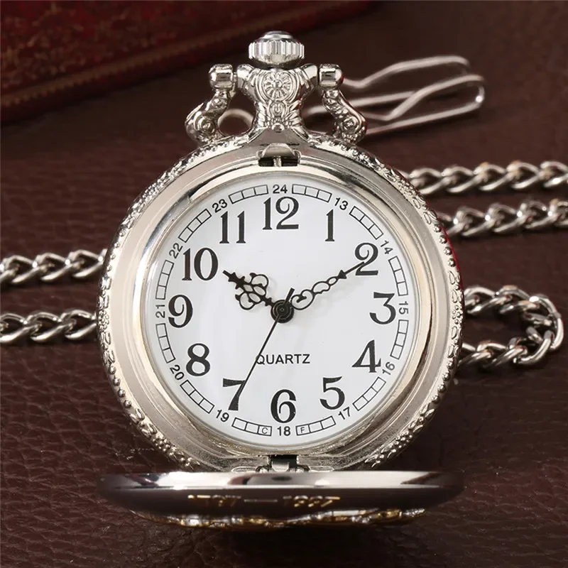 Silver Carved Sailing Canvas Boat Alloy Cover 1797-1997 Fob Quartz Pocket Watch for Men Women with 30Cm Pendant Chain Clock Gift