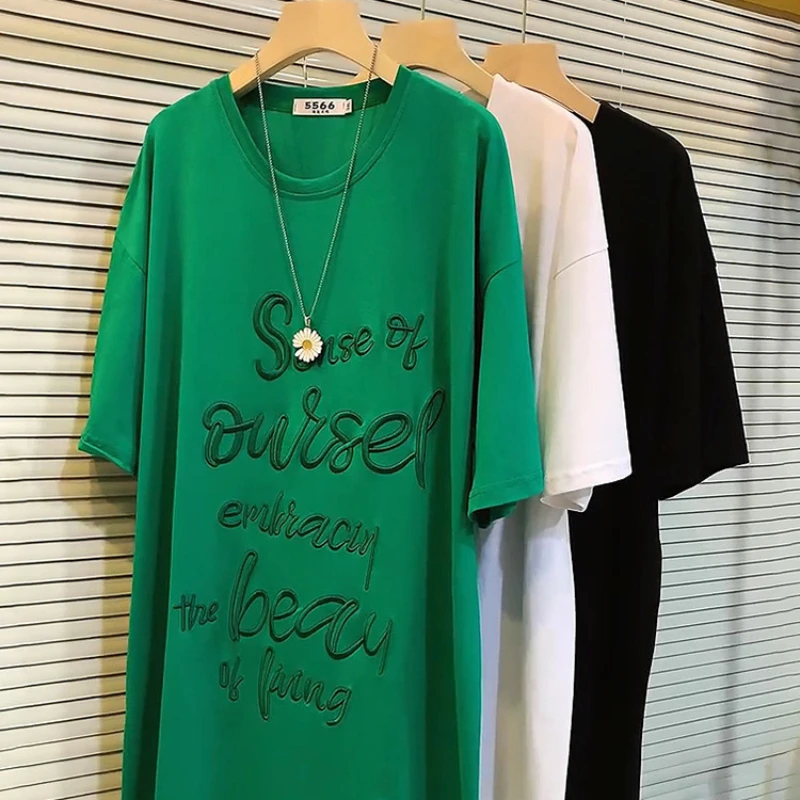 

Oversized Size 2-300 Pounds Chubby Mm Unique Embroidered Letters Short Sleeved T-shirt Women Age Reducing Top Designer Tee