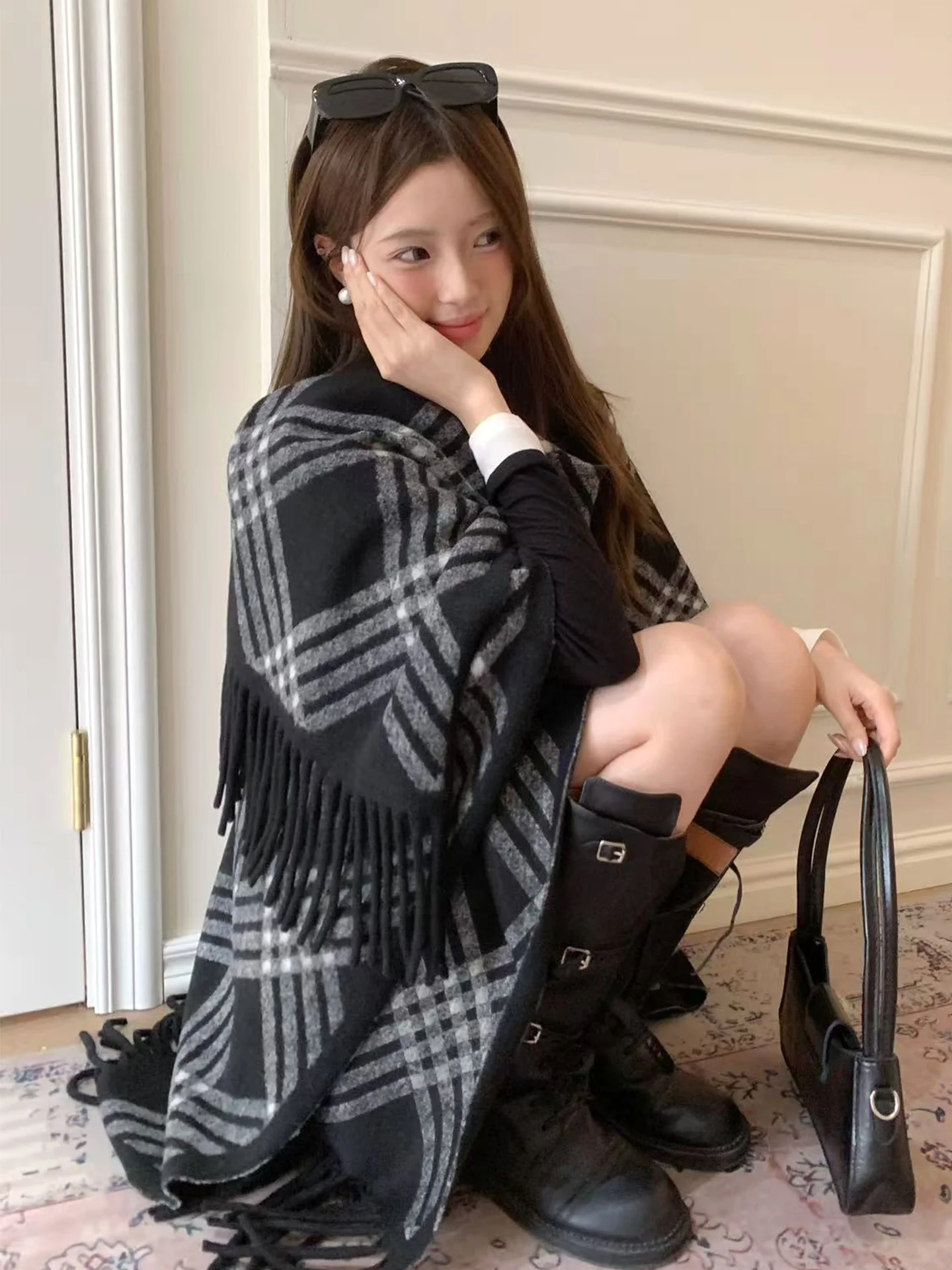 

Корейская версия высококачественной клетчатой большой шаль для женщин, осенне-зимний универсальный шарф с кисточками в стиле ретро, теплая шаль