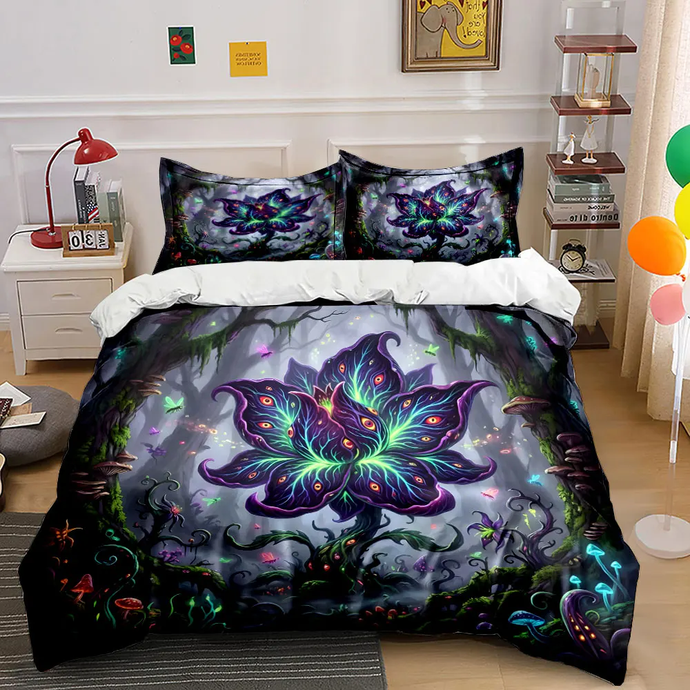 Mysterious Glowing Flower in Enchanted Forest Print Bedding Set 1 Duvet Cover 2 Pillowcases for Adult and Children Luxury Gift