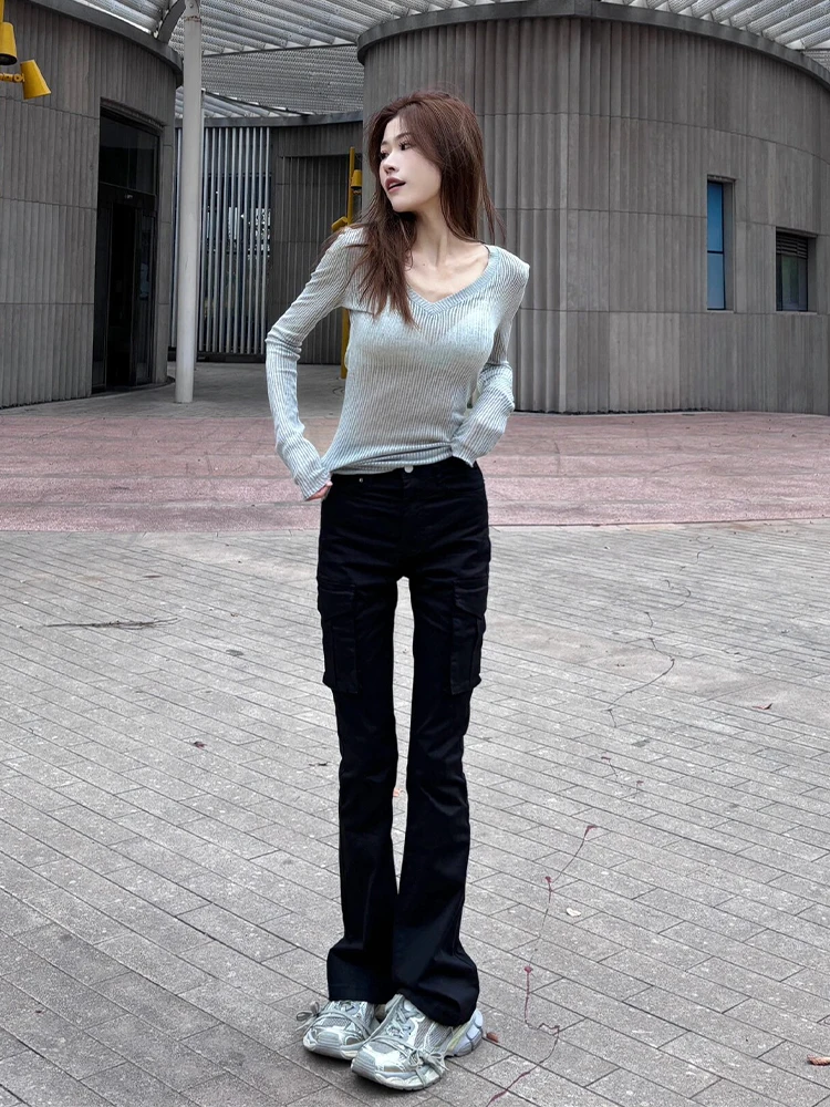

Black High Waist Thin Summer Denim Jeans Women's Bootcut Multi Pocket Long Trousers Workwear Style Floor Length Pants