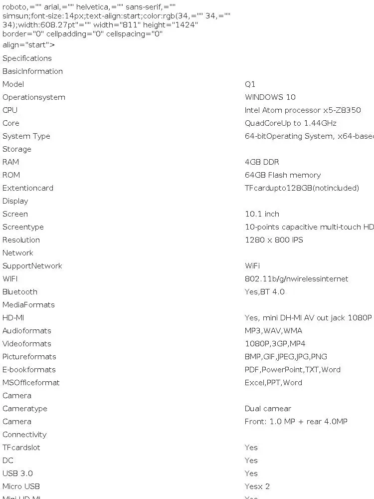 Q1 10.1 Inch Windows 10 Tablet 64-bit 4GB RAM 64GB ROM Intel Atom X5-Z8350 Quad Core 8000MAH HDMI-Compatible