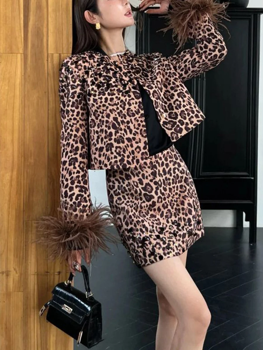 TWOTWINSTYLE Leopard Print Two Piece Sets For Women O Neck Long Sleeve Patchwork Feather Coat Mini Skirt Sets Female Fashion New