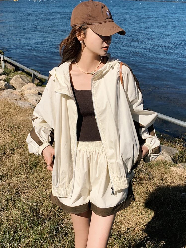 Loose Shorts Sets Women Fashion Leisure Japanese Style Retro Elastic Waist Simple Sun-proof Harajuku Hooded All-match Panelled