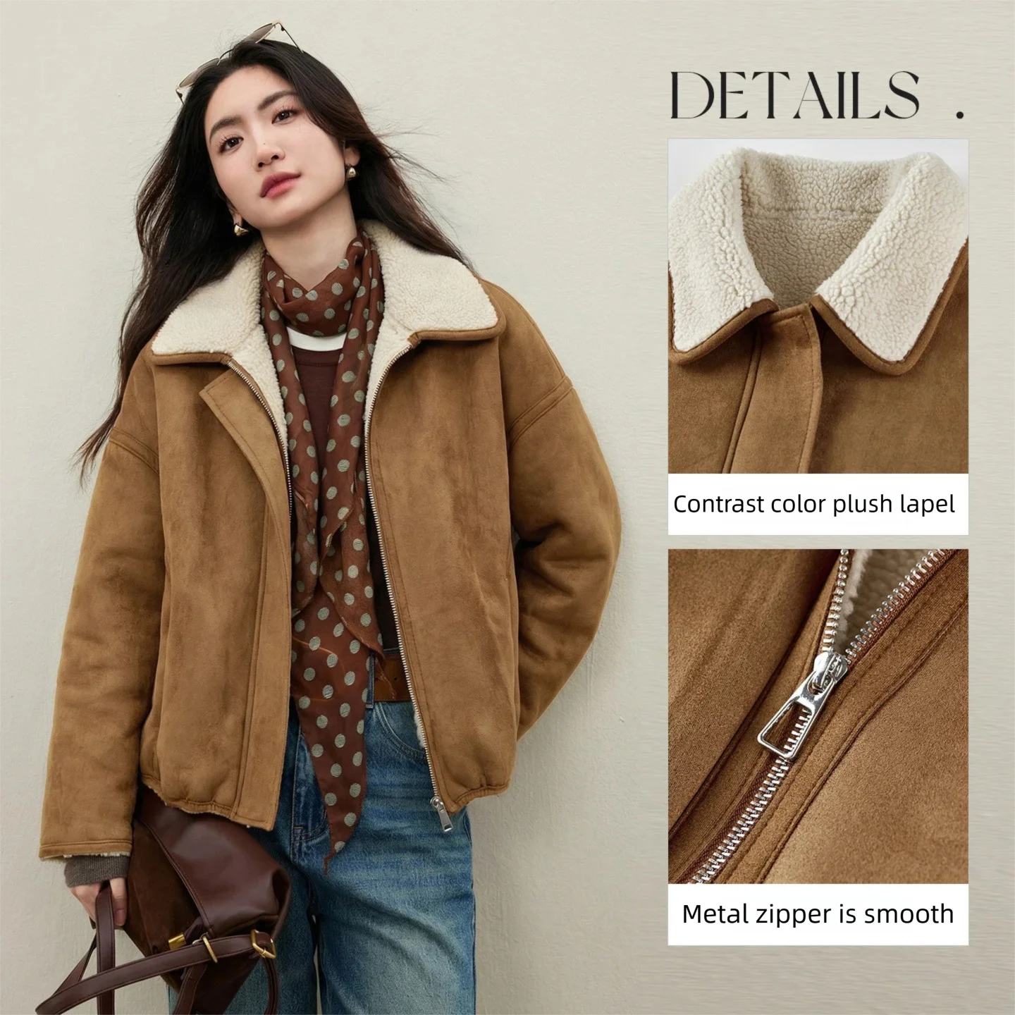 SENTUBILA Retro Muted Brown Tone Hot‑air Balloon Jacket 2026 Autumn Loose Drop‑shoulder Warm Fleece Daily Outerwear W64PD6530