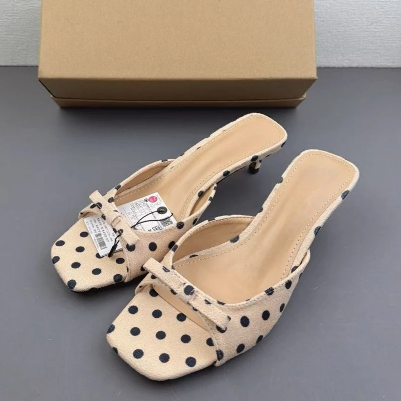 Nuevas Sandalias de Verano 2026 para Mujer, de Gamuza con Lazo de Puntos, de Punta Cuadrada, Tacón Bajo, sin Talón, Elegantes Mules, Pantuflas para Dama