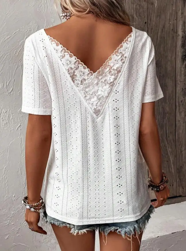 Open Back T-Shirt with Needle Hole Hollowed Out Short Sleeved Casual Top, Annual New Fashion Hot Selling Women's Clothing