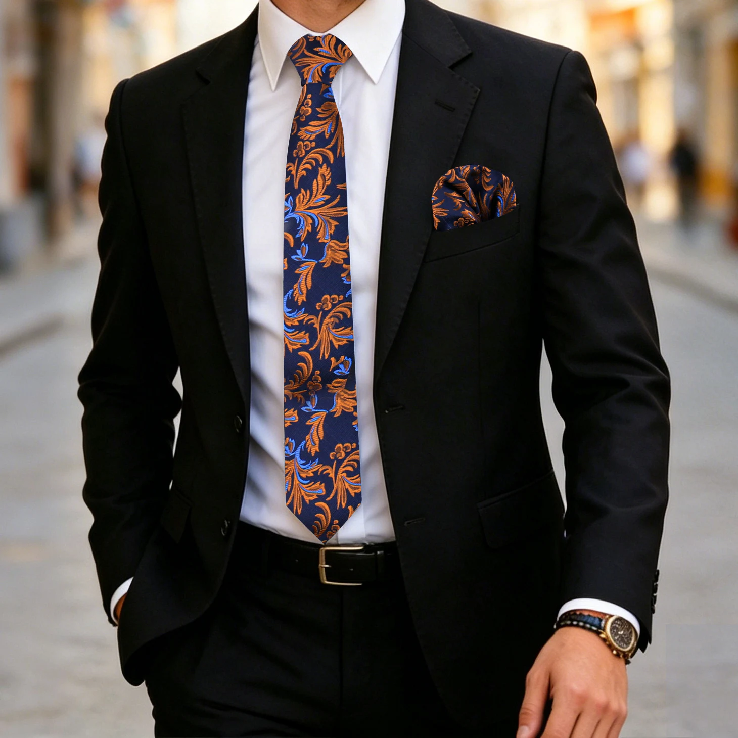 Elegant Men Tie Set Luxury Paisley Stripe Floral Tie with Pocket Square 2 Pcs Wedding Banquet Business Formal Party Accessories