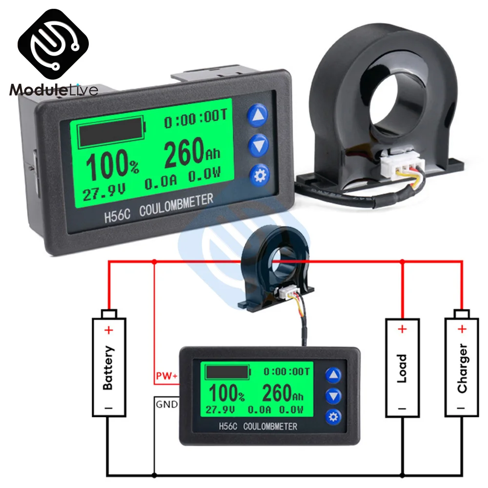 H56CH LCD Digital Hall Coulomb Meter Voltage Current Power Meter Display DC 9-100V 50A 100A 200A 300A 400A Car Voltmeter Ammeter