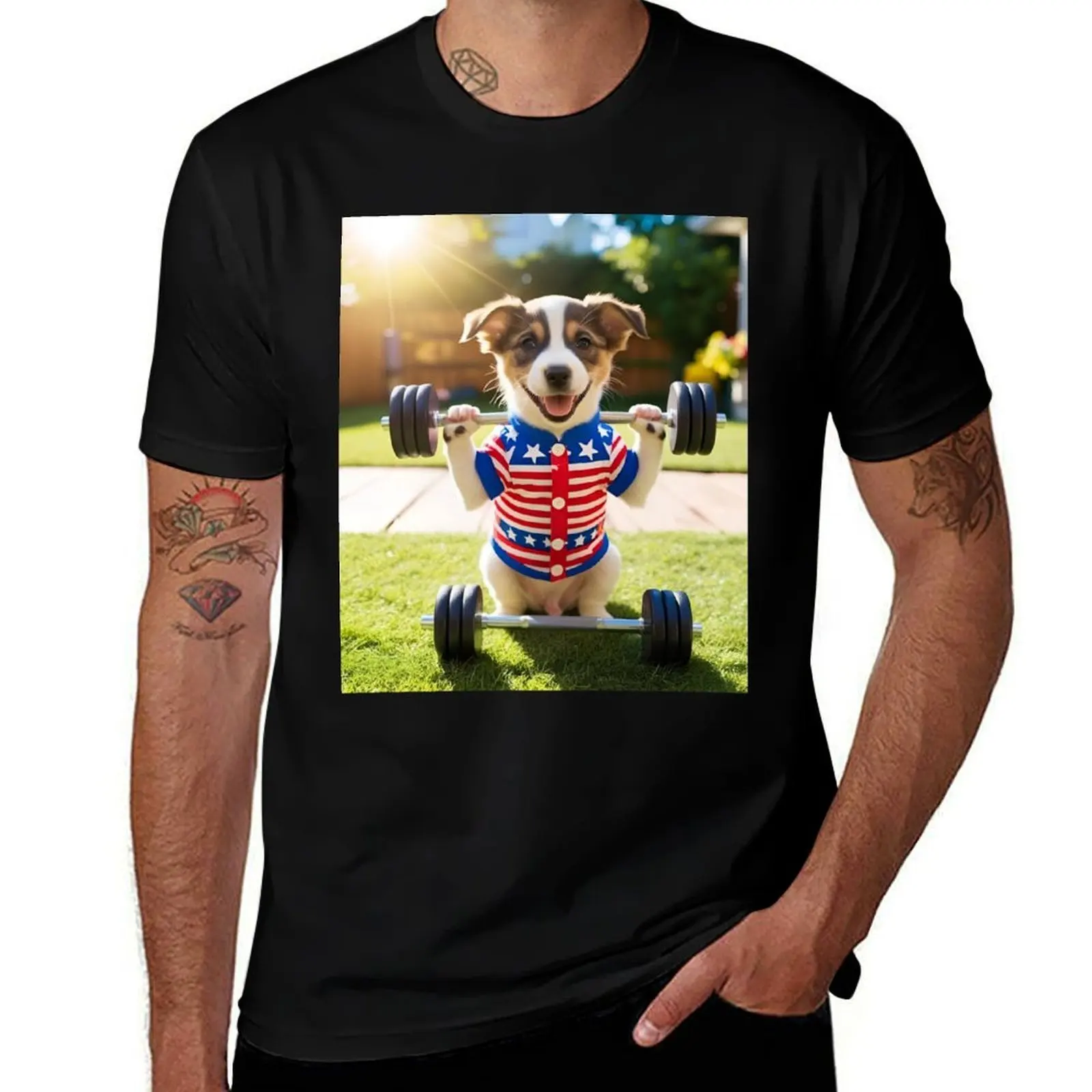 

4TH OF JULY PUPPY WEIGHTLIFTING 5 T-Shirt designer shirts football t shirt clothes Men's cotton t-shirt