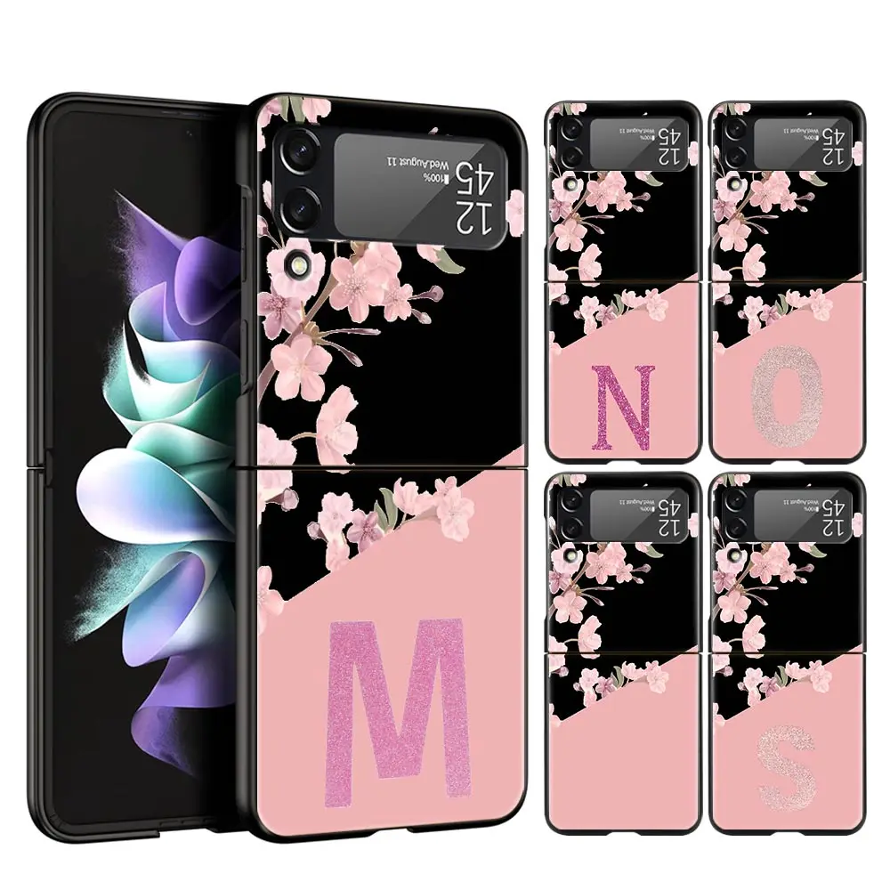 

Phone Case For Samsung Galaxy Z Flip 3 4 5 Hard Black Folding PC For Samsung Z Flip3 Cover Protect Shell Pink Letter Flower