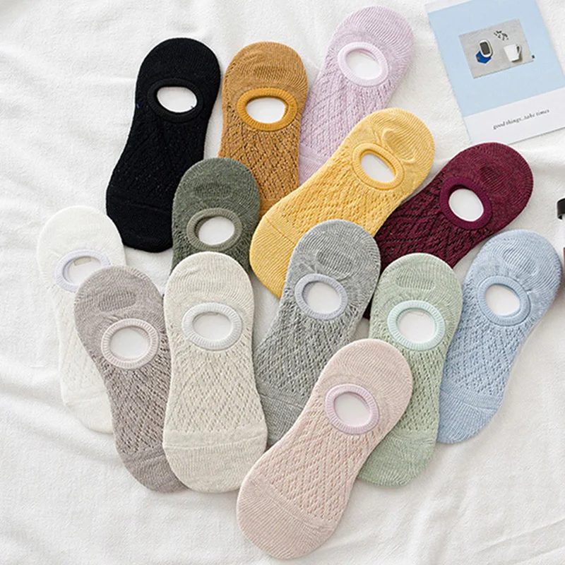 5 Pairs/Set Women Invisible Socks Summer Solid Color Mesh Ankle Boat Socks Silicone Non-slip Female Cotton Slipper No Show Socks