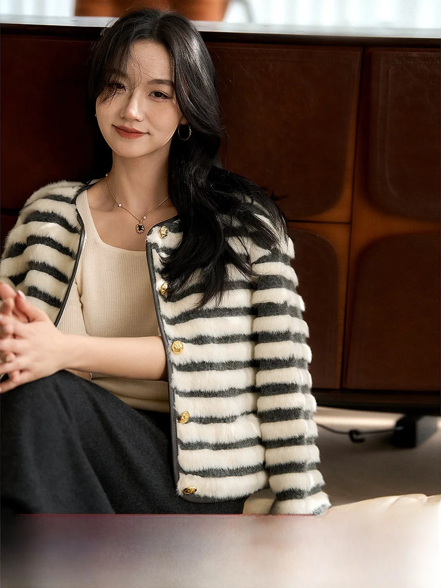 

Ele Contrast Color Heavy Work Faux Fur Jaet ort Outerwear Women's Thousand Layer Snow Striped Sli Coat