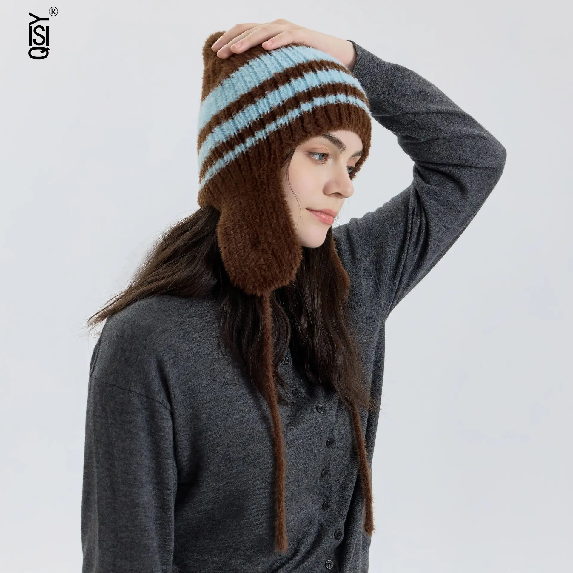 

Beanie School-style Women's Retro Color-blocked Striped Tie Winter Warm Ear-protecting Knitted Woolen Hat Balaclava Cap Male