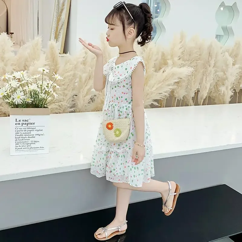 Vestido de verano de lunares para niñas, vestidos de princesa de gasa para niños, estilo occidental, ropa para niños, solapa con lazo, digno, 7 nuevos