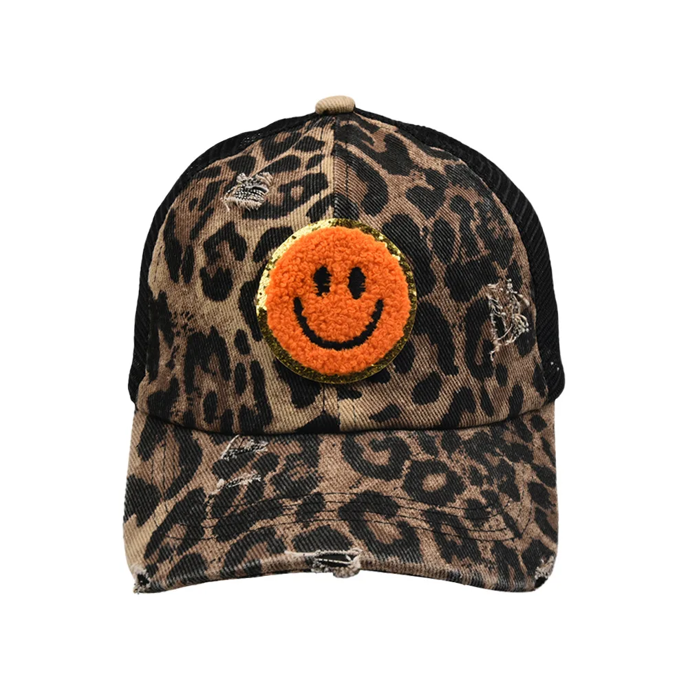 Girl\'s Cute Funny Baseball Caps Men Smile Patch Logo Sports Sun Hats Women Fashion Leopard Washed Cotton Snapback Cap gorras