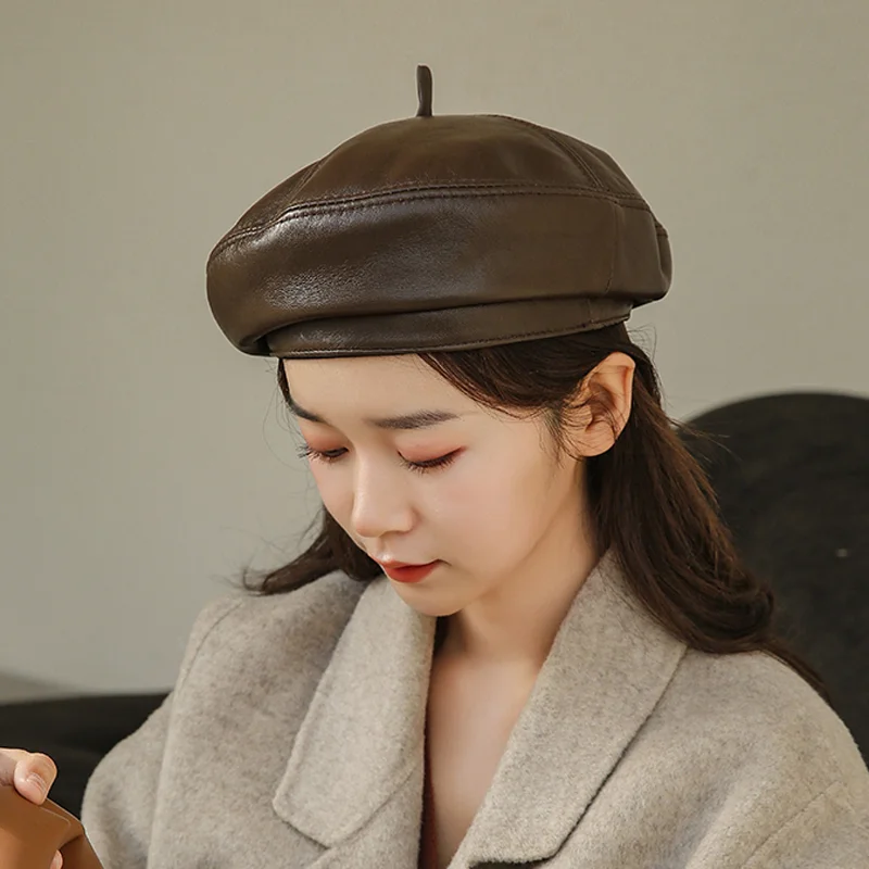 2023 Spring/Winter 100% Real Leather Beret Hat Women Fashion European Pumpkin Painter Caps Female Rainbow Color Brown/Orange