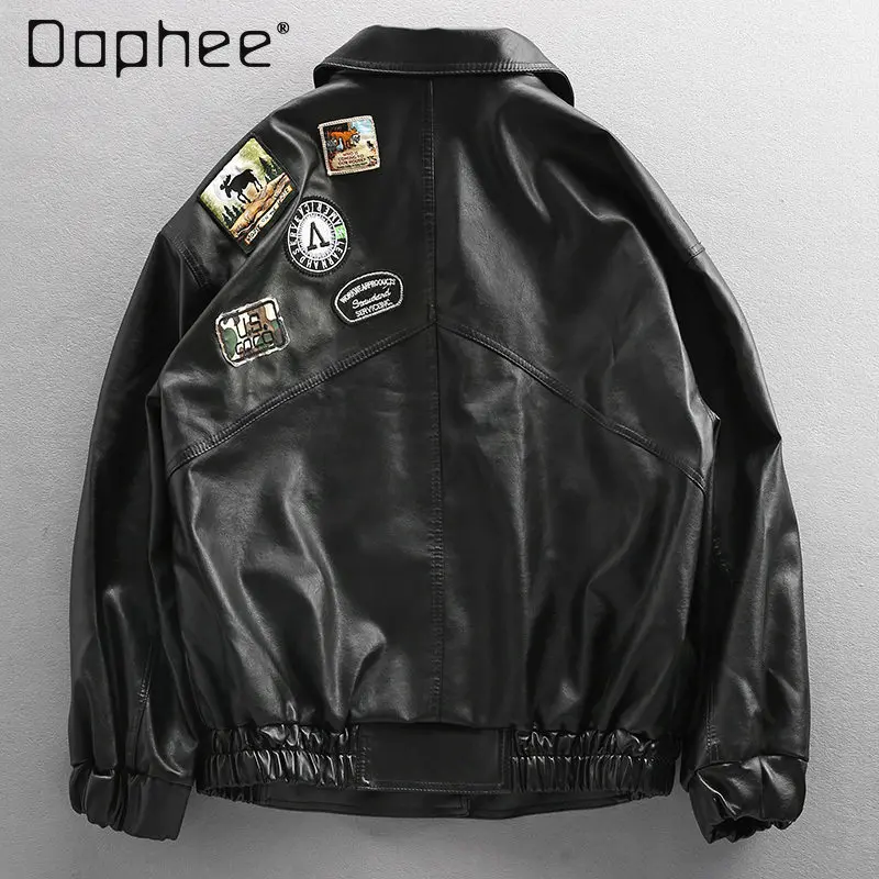 

Autumn Winter New American Style Badge Embroidery PU Leather Jacket Men's Loose Casual Motorcycle Fleece Lined Thickened Jacket