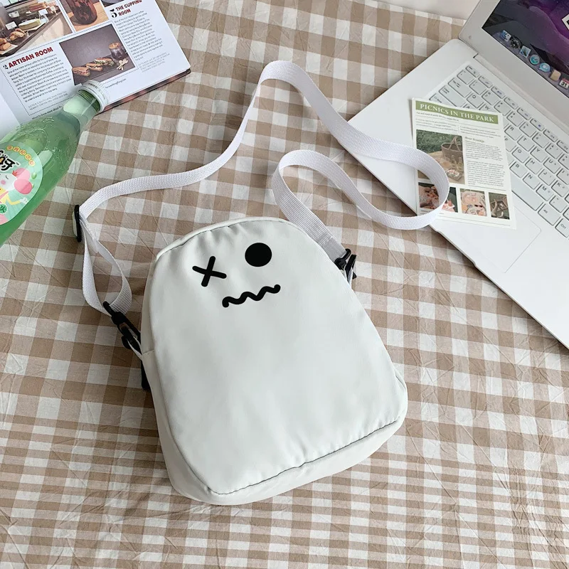 Women Black White Shoulder Bags Funny Cute Ghost Kawaii Women Canvas Bag Cartoon Harajuku Chic Ins Large Capacity Shopper Bag