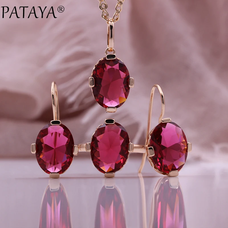 PATAYA New Red Round Drop Natural Zircon Women Sets 585 Rose Gold Color Dangle Earrings Wedding Party Fine Fashion Jewelry Set