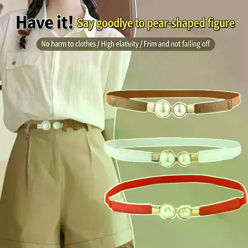 Pearl Buckle Belt PU Leather Dress Skirt Waist Elastic Thin Women Belts Ladies Waistband Accessories