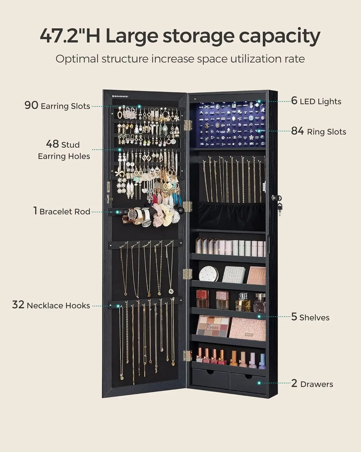 Spiegel-Schmuckschrank mit 6 LEDs, 47,2 Zoll hoher Wand- oder Türmontage-Schmuckschrank-Organizer mit Spiegel, 2 Schubladen