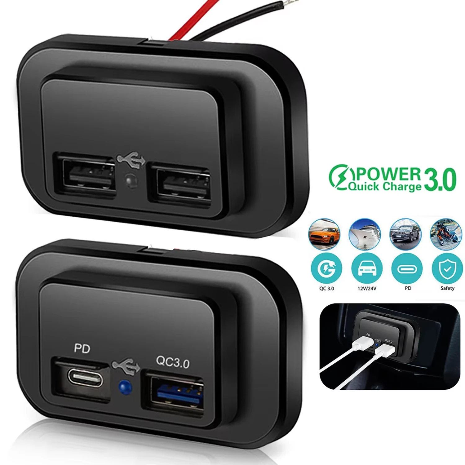 Cargador de Coche USB Doble PD QC3.0 de 96 W, Toma de Corriente de Carga Rápida de 12 V/24 V con Interruptor y Luz LED para Coche, Motocicleta, Camión, Autocaravana, Autobús, Vehículo Todoterreno