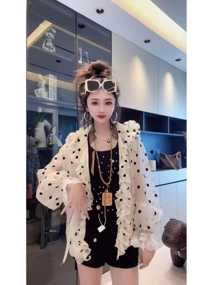 Sweet Korean Fashion Polka Dot Ruffle Trim Hooded Jacket Women Lace Trim Tie Front Loose Fit Sun Protection Casual Daily Outfit