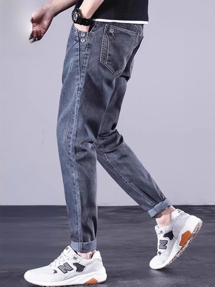 

Мужские джинсы Slim Fit на весну: повседневные эластичные брюки из хлопка и полиэстера, стрейч-деним, средняя посадка, на молнии, молодежный тренд