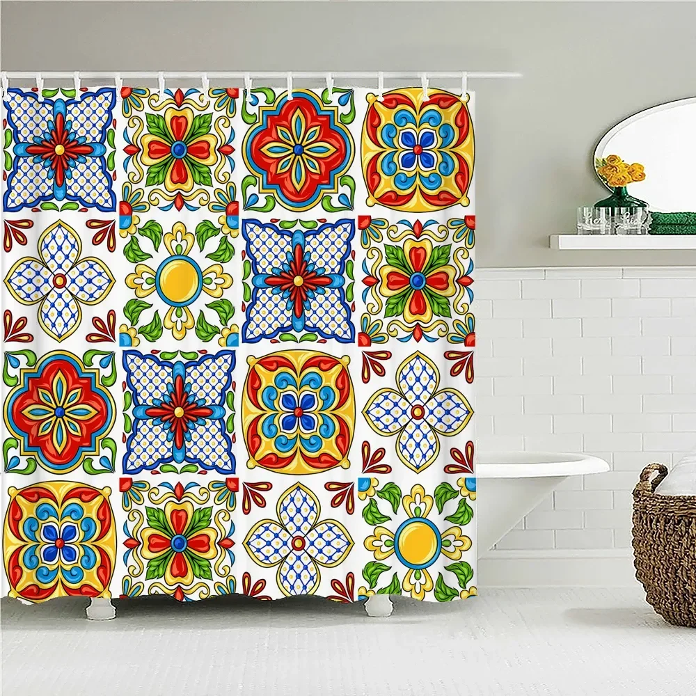 Bohemian 3D Shower Curtain, Indian Mandala Flower Green Blue Chic Color Modern Pattern Bathroom Fabric Home Decor Shower Curtain