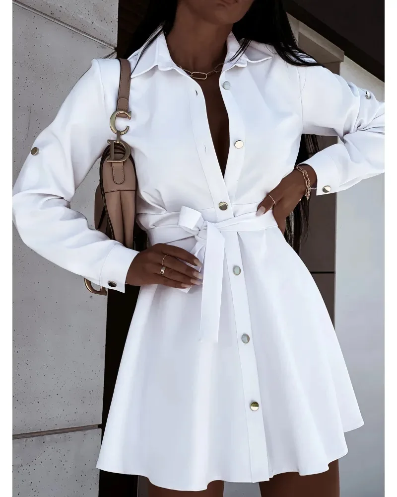 Elegant Mini Shirt Dress Woman Spring Autumn Long Sleeve Office Ladies Belt Casual Button Lace Up A-line Streetwear Robe Femme