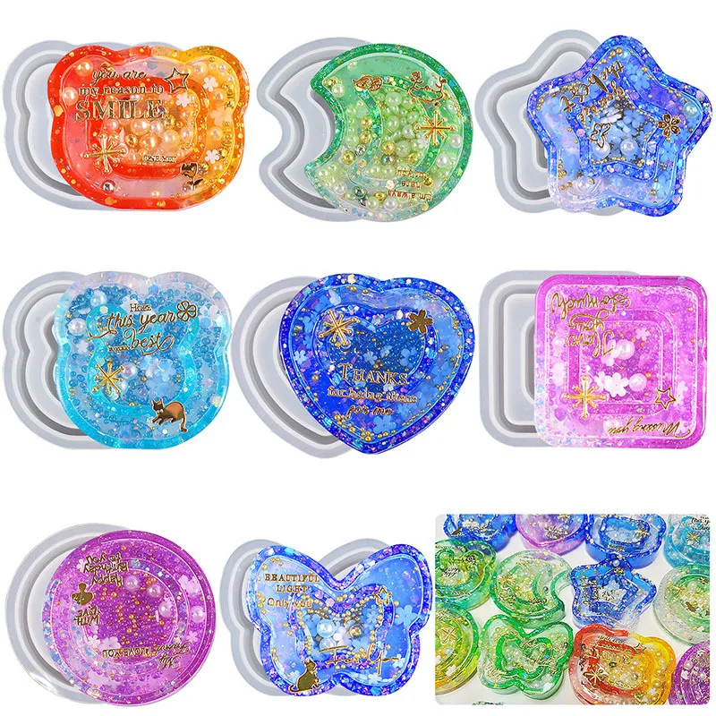 Resin Shaker Molds Quicksand Mold Set Five-pointed Star Heart and Moon Double Layer Silicone Molds Keychain Necklace Pendant